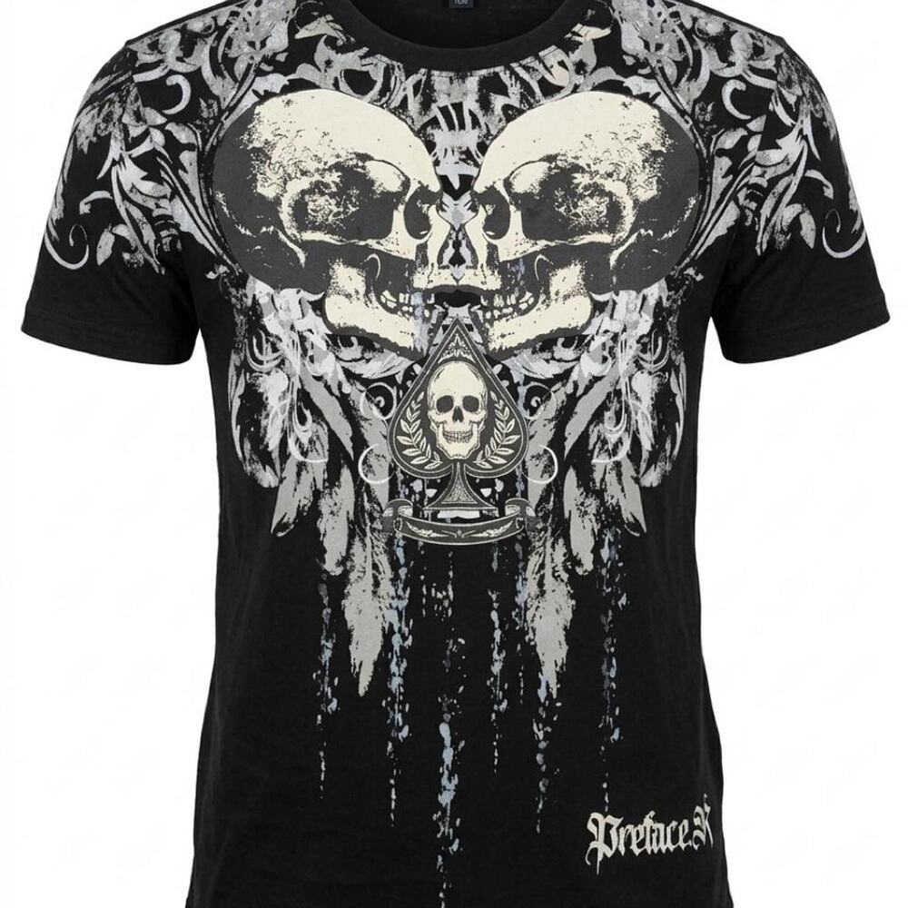 Mens XL Black Y2K Skull Graphic T-Shirt Double Skulls Spade